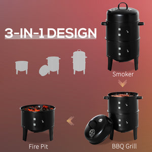 Vertical Charcoal BBQ Smoker, 3-in-1 16" Round Charcoal Barbecue Grill with 2 Cooking Area, and Thermometer for Outdoor Camping Picnic Backyard Cooking, Black