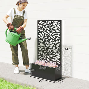 Metal Raised Garden Bed with Trellis for Climbing Plants, Freestanding or Wall Mounted Flower Bed with Privacy Panel, Leaves Cut-Outs Outdoor Planter Box for Garden, Patio, Balcony