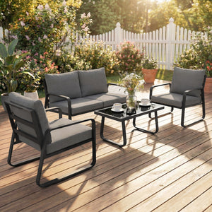 4 Piece Garden Furniture Set, Outdoor Sofa Set with Loveseat, 2 Armchairs, Coffee Table and Cushions, Patio Furniture Conversation Set for Poolside Porch, Black