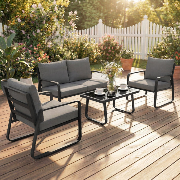4 Piece Garden Furniture Set, Outdoor Sofa Set with Loveseat, 2 Armchairs, Coffee Table and Cushions, Patio Furniture Conversation Set for Poolside Porch, Black