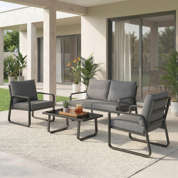 4 Piece Garden Furniture Set, Outdoor Sofa Set with Loveseat, 2 Armchairs, Coffee Table and Cushions, Patio Furniture Conversation Set for Poolside Porch, Black