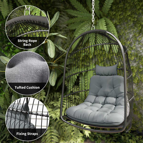 Hanging Egg Chair, Foldable Rattan Garden Swing Chair with Installation Kit, Thickened Cushion and Headrest, Hanging Egg Basket Seat for Patio, Porch, Dark Grey