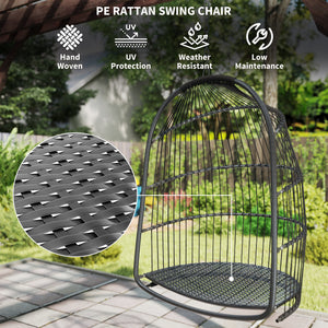 Hanging Egg Chair, Foldable Rattan Garden Swing Chair with Installation Kit, Thickened Cushion and Headrest, Hanging Egg Basket Seat for Patio, Porch, Dark Grey