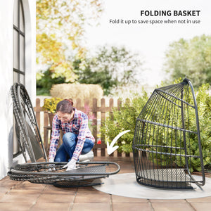 Hanging Egg Chair, Foldable Rattan Garden Swing Chair with Installation Kit, Thickened Cushion and Headrest, Hanging Egg Basket Seat for Patio, Porch, Dark Grey