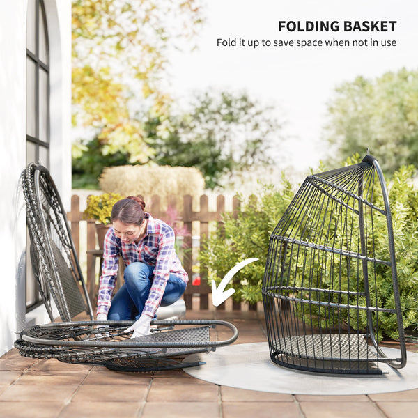 Hanging Egg Chair, Foldable Rattan Garden Swing Chair with Installation Kit, Thickened Cushion and Headrest, Hanging Egg Basket Seat for Patio, Porch, Dark Grey