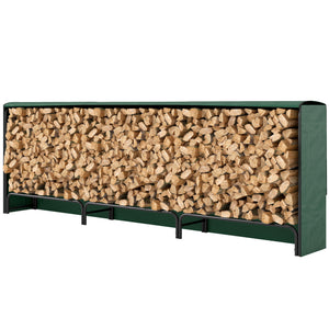 10 ft Firewood Rack with Waterproof Cover, Heavy Duty Metal Log Store Indoors with Steel Chains, Log Storage Holder for Outdoor Indoor Fireplace, Dark Green