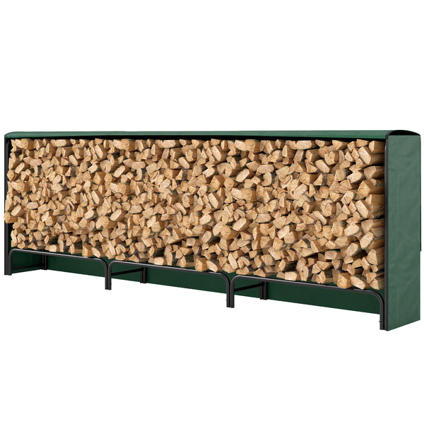 10 ft Firewood Rack with Waterproof Cover, Heavy Duty Metal Log Store Indoors with Steel Chains, Log Storage Holder for Outdoor Indoor Fireplace, Dark Green