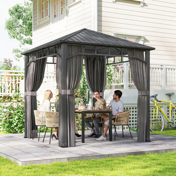 2.5 x 2.5 m Hardtop Gazebo with Galvanised Steel Roof, Waterproof Permanent Pavilion Garden Gazebo with Netting and Curtains for Patio, Deck, Dark Grey