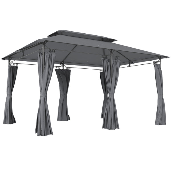  10' x 13' Patio Gazebo, Double Roof Outdoor Gazebo Canopy Shelter with Curtains, Solid Metal Frame for Garden, Lawn, Backyard and Deck, Grey