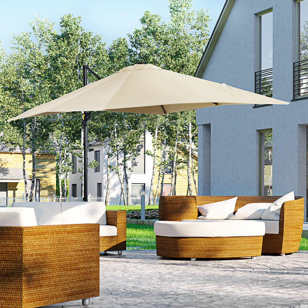 2.5 x 2.5m Patio Offset Parasol Umbrella Cantilever Hanging Aluminium Sun Shade Canopy Shelter 360° Rotation with Crank Handle and Cross Base, Cream White