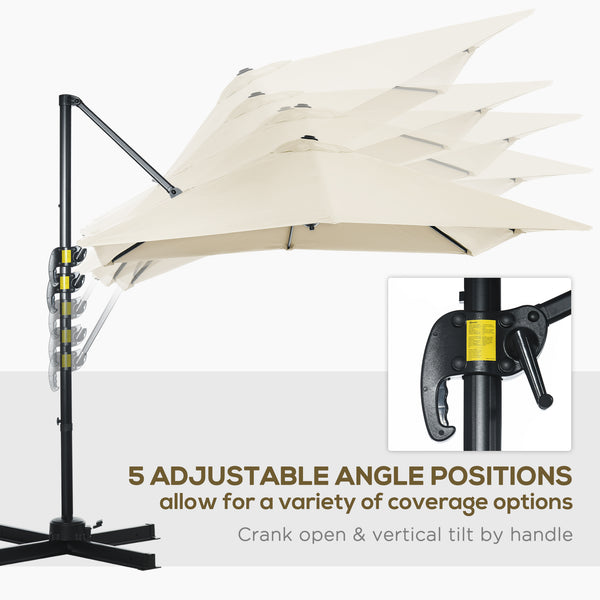 2.5 x 2.5m Patio Offset Parasol Umbrella Cantilever Hanging Aluminium Sun Shade Canopy Shelter 360° Rotation with Crank Handle and Cross Base, Cream White