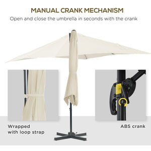 2.5 x 2.5m Patio Offset Parasol Umbrella Cantilever Hanging Aluminium Sun Shade Canopy Shelter 360° Rotation with Crank Handle and Cross Base, Cream White