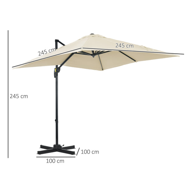2.5 x 2.5m Patio Offset Parasol Umbrella Cantilever Hanging Aluminium Sun Shade Canopy Shelter 360° Rotation with Crank Handle and Cross Base, Cream White