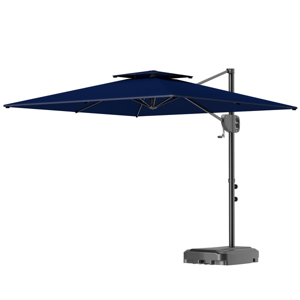 8' x 9' Square Cantilever Patio Umbrella with Fillable Base, Double Top Patio Hanging Offset Umbrella, Outdoor Cantilever Parasol with Crank & Tilt, Dark Blue