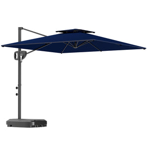 8' x 9' Square Cantilever Patio Umbrella with Fillable Base, Double Top Patio Hanging Offset Umbrella, Outdoor Cantilever Parasol with Crank & Tilt, Dark Blue