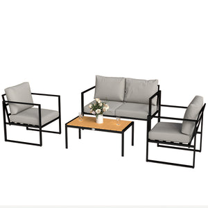 Outdoor Garden Furniture Set, 4 Piece Patio Furniture with Slatted Table, Loveseat and Armchairs, Indoor Outdoor Balcony Patio Conservatory Set with Metal Frame and Cushions, Grey