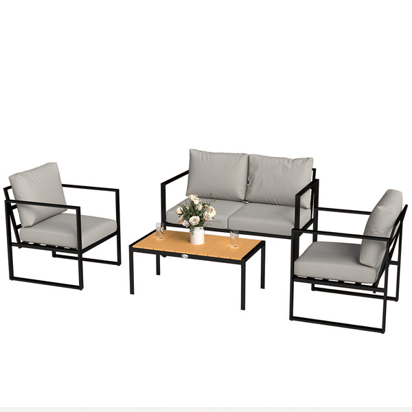 Outdoor Garden Furniture Set, 4 Piece Patio Furniture with Slatted Table, Loveseat and Armchairs, Indoor Outdoor Balcony Patio Conservatory Set with Metal Frame and Cushions, Grey