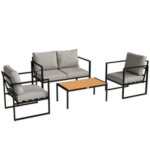 Outdoor Garden Furniture Set, 4 Piece Patio Furniture with Slatted Table, Loveseat and Armchairs, Indoor Outdoor Balcony Patio Conservatory Set with Metal Frame and Cushions, Grey