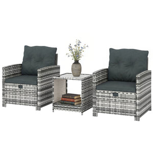 5 Piece Patio Furniture Set, Wicker Patio Chairs with Ottomans, 2-Tier Glass Coffee Table, Cushions, Outdoor Patio Furniture Conversation Set for Balcony, Grey/Dark Grey