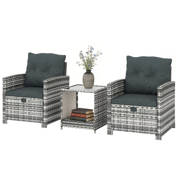 5 Piece Patio Furniture Set, Wicker Patio Chairs with Ottomans, 2-Tier Glass Coffee Table, Cushions, Outdoor Patio Furniture Conversation Set for Balcony, Grey/Dark Grey