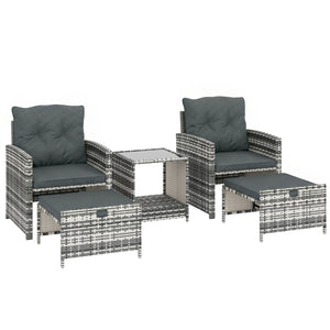 5 Piece Patio Furniture Set, Wicker Patio Chairs with Ottomans, 2-Tier Glass Coffee Table, Cushions, Outdoor Patio Furniture Conversation Set for Balcony, Grey/Dark Grey