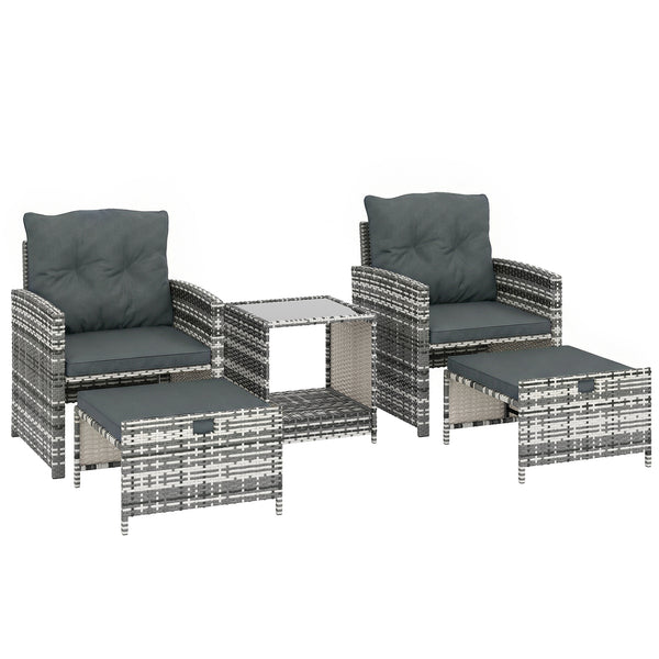 5 Piece Patio Furniture Set, Wicker Patio Chairs with Ottomans, 2-Tier Glass Coffee Table, Cushions, Outdoor Patio Furniture Conversation Set for Balcony, Grey/Dark Grey