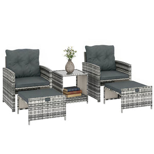 5 Piece Patio Furniture Set, Wicker Patio Chairs with Ottomans, 2-Tier Glass Coffee Table, Cushions, Outdoor Patio Furniture Conversation Set for Balcony, Grey/Dark Grey