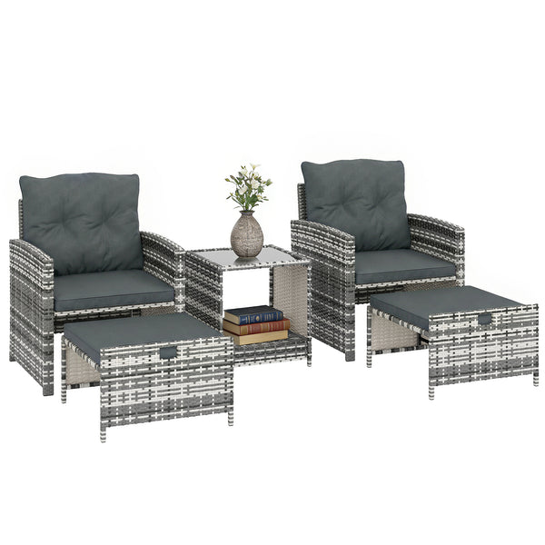 5 Piece Patio Furniture Set, Wicker Patio Chairs with Ottomans, 2-Tier Glass Coffee Table, Cushions, Outdoor Patio Furniture Conversation Set for Balcony, Grey/Dark Grey