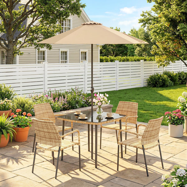 4 Seater Rattan Dining Set with Parasol, 6 Piece Garden Table and Stackable Chairs with Tempered Glass Tabletop, All-Weather Outdoor Rattan Furniture Set for Patio, Light Brown