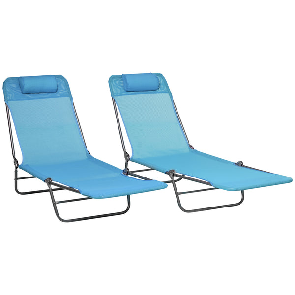 Outsunny 2 Piece Folding Chaise Lounge Chairs, Pool Sun Tanning Chairs, Outdoor Lounge Chairs with Reclining Back, Breathable Mesh Seat, Headrest for Beach, Yard, Patio, Blue