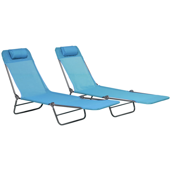 Outsunny 2 Piece Folding Chaise Lounge Chairs, Pool Sun Tanning Chairs, Outdoor Lounge Chairs with Reclining Back, Breathable Mesh Seat, Headrest for Beach, Yard, Patio, Blue