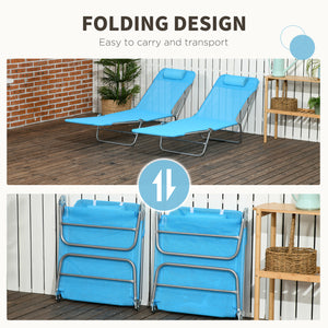 Outsunny 2 Piece Folding Chaise Lounge Chairs, Pool Sun Tanning Chairs, Outdoor Lounge Chairs with Reclining Back, Breathable Mesh Seat, Headrest for Beach, Yard, Patio, Blue