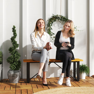 Outdoor Bench, Acacia Wood Patio Garden Bench, 47" 2-Person Backless Patio Loveseat with Slatted Seat and Metal Frame, Weather/Corrosion Resistant for Outside, Front Porch, Park, Teak