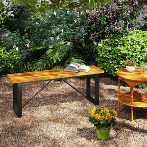 Outdoor Bench, Acacia Wood Patio Garden Bench, 47" 2-Person Backless Patio Loveseat with Slatted Seat and Metal Frame, Weather/Corrosion Resistant for Outside, Front Porch, Park, Teak