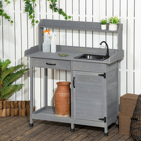 Outsunny Potting Bench Table with Sink, Outdoor Work Bench Table with Storage Cabinet, Hooks, Removable Sink, Faucet and Drawer for Greenhouse, Garden, Patio, Gray