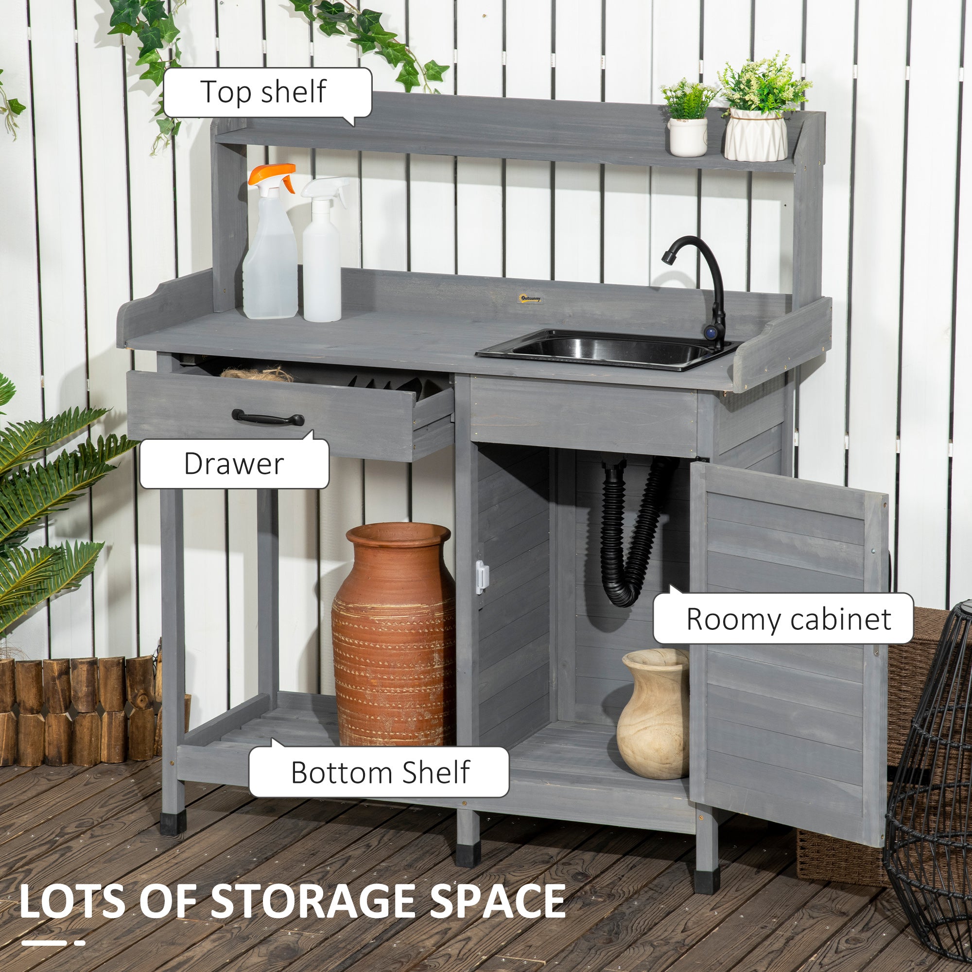 Outsunny Garden Potting Table with Storage Cabinet, Removable Sink