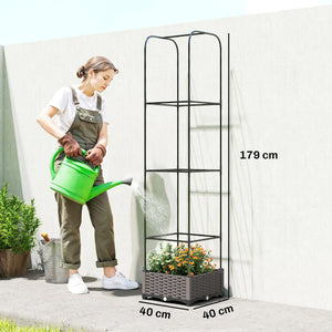 Raised Garden Bed with Trellis, Self Watering Plastic Planter Box with Drainage Holes, Drain Plugs and Water Reservoirs for Climbing Plants, Vegetables, Flowers, 40 x 40 x 179 cm, Black