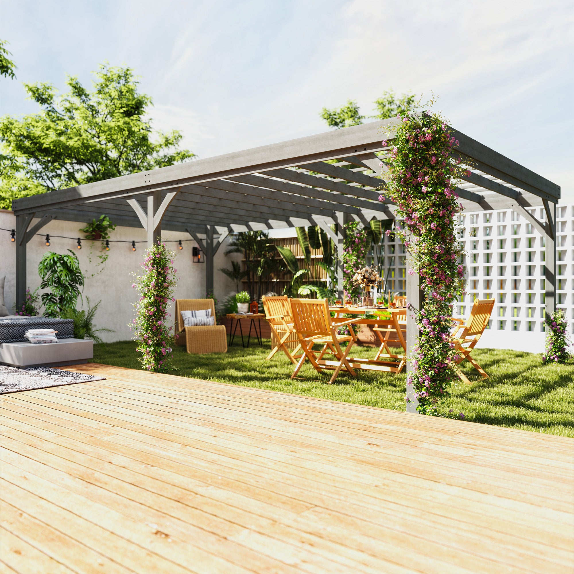 wood grape trellis Outsunny 12' x 20' Outdoor Wooden Pergola, Grape Vine Gazebo with Concrete Anchors for Garden, Patio, Backyard, Deck, Gray