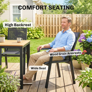 7 Piece Outdoor Dining Set, Rectangle Patio Table and 6 Mesh Chairs with Slatted Tabletop, All Weather Outdoor Dining Furniture Set for Backyard, Deck, Garden, Black