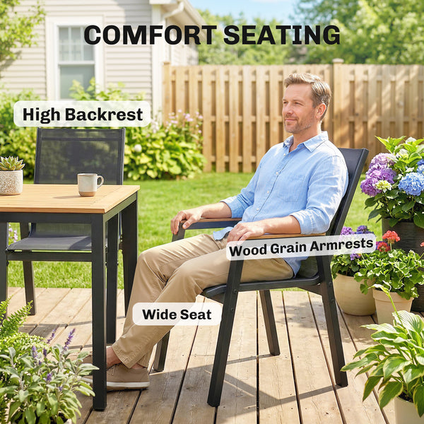 7 Piece Outdoor Dining Set, Rectangle Patio Table and 6 Mesh Chairs with Slatted Tabletop, All Weather Outdoor Dining Furniture Set for Backyard, Deck, Garden, Black