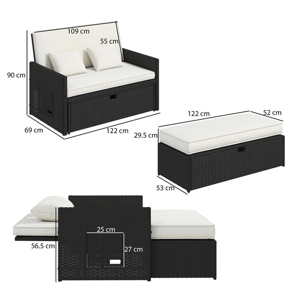 Rattan Garden Daybed, Assembled Double Sun Lounger with 5-Level Adjustable Back, Storage Ottoman, Cushions, Pillows and Retractable Trays, Outdoor Loveseat Sofa Bed for Patio, Cream White