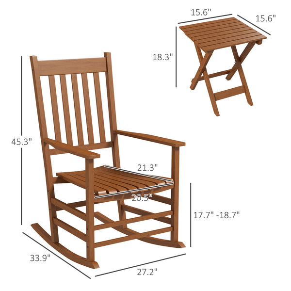 Outsunny Outdoor Rocking Chair Set of 2 with Side Table, Patio Wooden Rocking Chair with Smooth Armrests, High Back for Garden, Balcony, Porch, Supports Up to 352 lbs, Teak