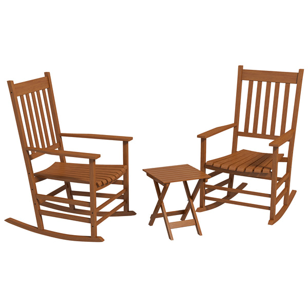 Outsunny Outdoor Rocking Chair Set of 2 with Side Table, Patio Wooden Rocking Chair with Smooth Armrests, High Back for Garden, Balcony, Porch, Supports Up to 352 lbs, Teak