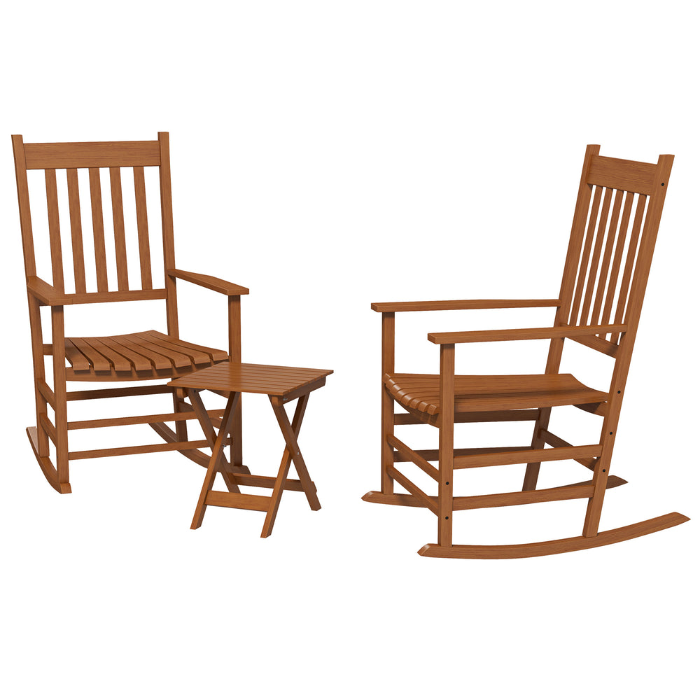 Outsunny Outdoor Rocking Chair Set of 2 with Side Table, Patio Wooden Rocking Chair with Smooth Armrests, High Back for Garden, Balcony, Porch, Supports Up to 352 lbs, Teak