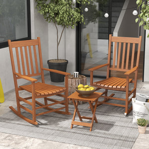 Outsunny Outdoor Rocking Chair Set of 2 with Side Table, Patio Wooden Rocking Chair with Smooth Armrests, High Back for Garden, Balcony, Porch, Supports Up to 352 lbs, Teak