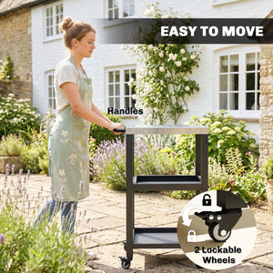 Outdoor Grill Cart with Stainless Steel Tabletop, 2 Shelves, Rolling Prep Dining Cart with Lockable Wheels, Bottle Opener, Pizza Oven Stand Table for Kitchen Prep, Black