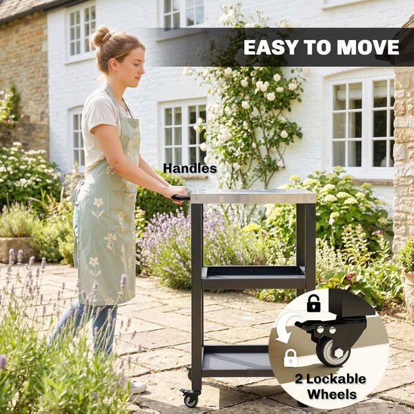 Outdoor Grill Cart with Stainless Steel Tabletop, 2 Shelves, Rolling Prep Dining Cart with Lockable Wheels, Bottle Opener, Pizza Oven Stand Table for Kitchen Prep, Black