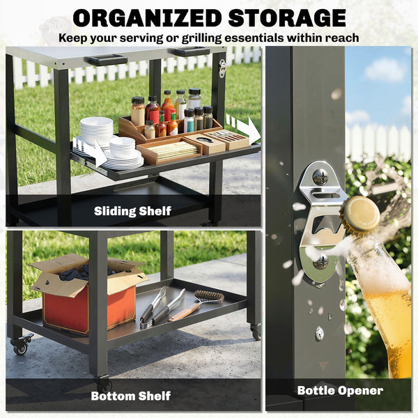 Outdoor Grill Cart with Stainless Steel Tabletop, 2 Shelves, Rolling Prep Dining Cart with Lockable Wheels, Bottle Opener, Pizza Oven Stand Table for Kitchen Prep, Black