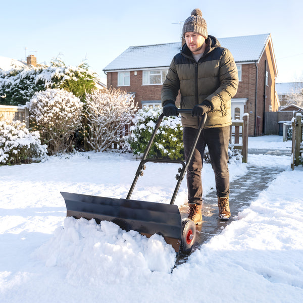 Snow Shovel with Wheels, 29" x 16.5" Heavy Duty Metal Snow Pusher with 5-Level Adjustable Handle, 5-Angle Blade and Non-Slip Grip, for Driveway, Sidewalks, Garden, Deck, Black