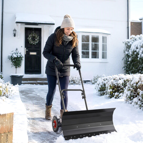Snow Shovel with Wheels, 29" x 16.5" Heavy Duty Metal Snow Pusher with 5-Level Adjustable Handle, 5-Angle Blade and Non-Slip Grip, for Driveway, Sidewalks, Garden, Deck, Black